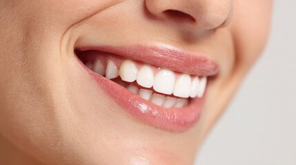 Obraz premium Close-up portrait of a youthful woman with a radiant, perfectly white smile against a pure white background