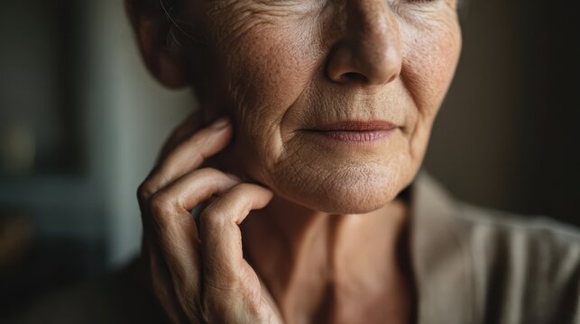 Close-up portrait of an elderly woman pinching her jawline to reveal jowls in warm indoor light