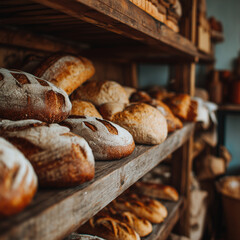 Freshly baked pastry and bread on wooden shelf in a rustic bakery store.