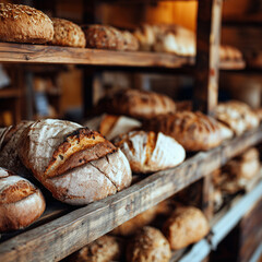 Freshly baked pastry and bread on wooden shelf in a rustic bakery store.