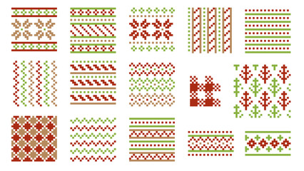Christmas Pixel Art Knit Pattern Border Ornament Vector Set