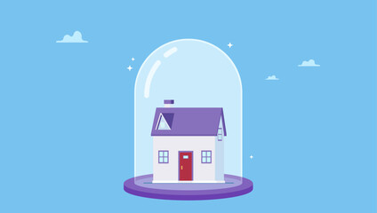 Small house under strong protection from glass cover. House insurance, home ownership assurance, residence, apartment or real estate protection.