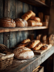 Freshly baked pastry and bread on wooden shelf in a rustic bakery store.