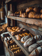 Freshly baked pastry and bread on wooden shelf in a rustic bakery store.