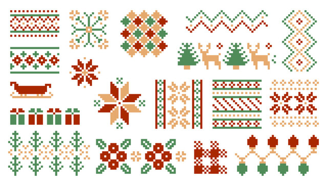 Christmas Pixel Art Holiday Symbol Pattern Tile Vector Collection