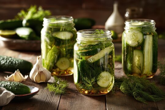 Close-up still life of cucumber spears and brine in clear jars with fresh dill