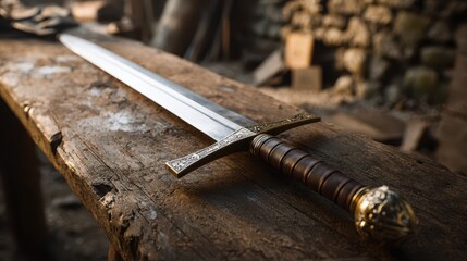 Close-up view of a medieval sword on a weathered wooden table, warm lighting