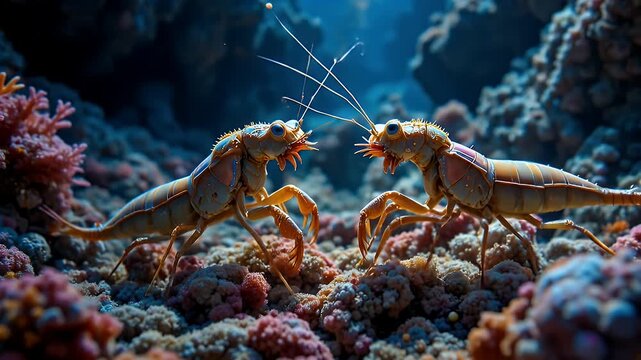 Underwater world featuring mantis shrimps on coral reefs in the ocean depths
