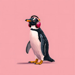  Penguin wearing pink headphones standing against a solid pink background, showcasing music and playful mood