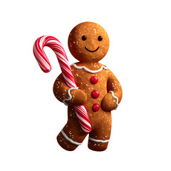  Smiling Gingerbread Man Holding Candy Cane Festive Holiday Treat Isolated on White