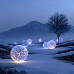 Glowing light spheres on a snowy winter landscape with mountains and a solitary tree in soft blue twilight.