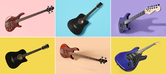 Set of modern guitars on color background