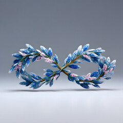  Infinity symbol created from frosty blue winter leaves and delicate pink berries on a serene background