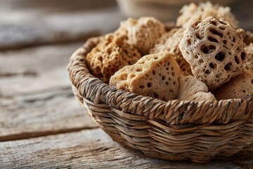 Obraz premium Coastal still life with textured sponges in a wicker container