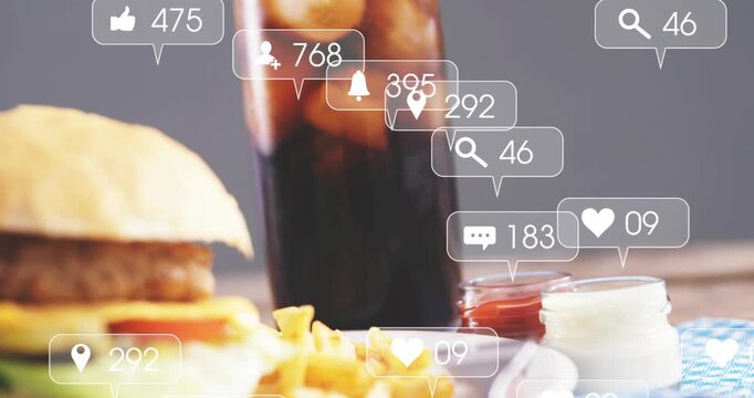 First frames starting bubbles around tall cola, camera panning to burger and fries, showing reach