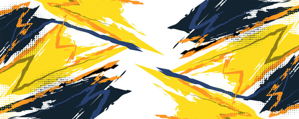 Abstract and Dynamic Sport Background with Blue, Yellow and Orange Brush Strokes with Halftone Pattern. Sport Banner or Poster Design Template