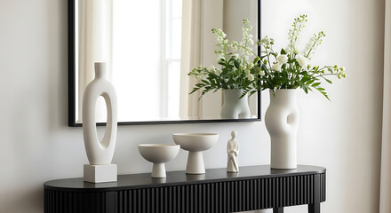 Modern white ceramic vases with lilies on dark console table minimalist home decor