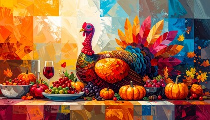 Abstract Thanksgiving Dinner Artwork,A creative abstract art interpretation of a Thanksgiving meal in vibrant colors.