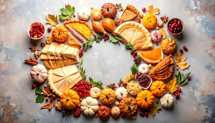 Thanksgiving foods arranged in a perfect circle from top view, turkey slices