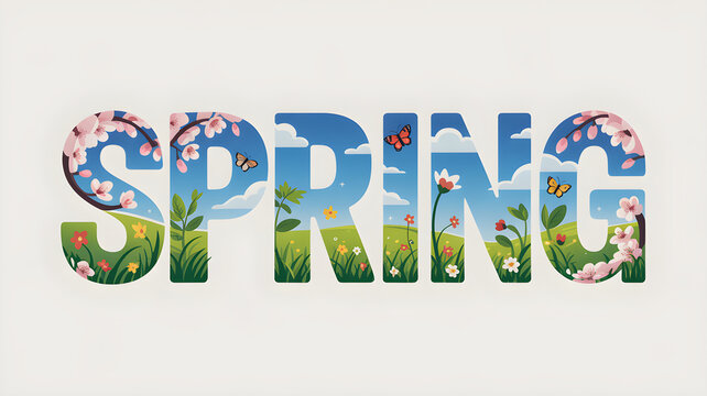 Spring word incorporating nature landscape and seasonal elements