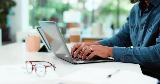 Hands, business man and typing on laptop for financial reporting, policy update or IPS draft. Portfolio manager, employee and tech in office for market data query, client email and economic research