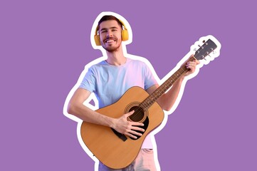 Obraz premium Young bearded man in headphones playing guitar on purple background