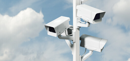 Street surveillance, security cameras on pole, total control concept background