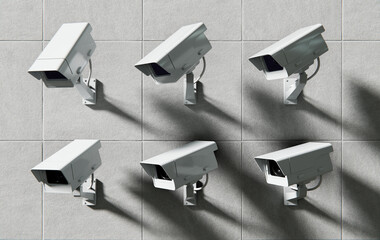 Security, CCTV, surveillance cameras on concrete wall, total control background
