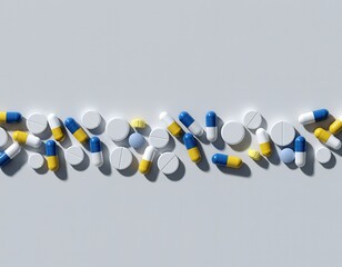 Overhead, high-resolution layout of various pharmaceutical pills and capsules arranged in a thin, horizontal, floating line on a clean white surface.