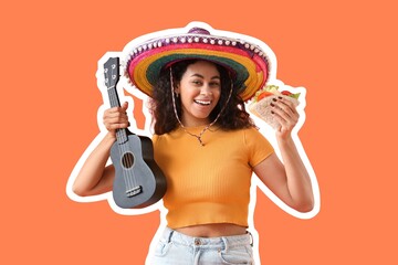 Young African-American woman in sombrero holding tasty taco and guitar on orange background
