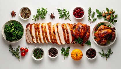 Minimalist Thanksgiving Dinner Flat Lay,A clean flat-lay composition of a modern Thanksgiving meal arranged in geometric balance.