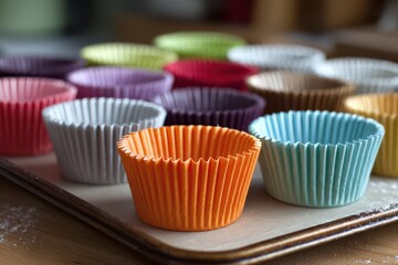 Colorful paper baking cups arranged on a baking sheet in a sunlit kitchen