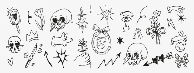 A set of bold hand-drawn tattoo-inspired doodles featuring skulls, flowers, daggers, stars, ribbons, animals and symbolic elements. Perfect for stickers, prints, apparel, posters and graphic projects.