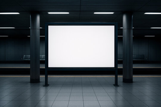 Blank horizontal digital billboard mockup on underground subway station platform. Illuminated empty white screen for advertising poster in dark modern metro interior with columns.