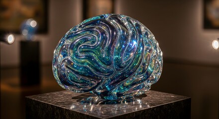 Shiny Iridescent Glass Brain Sculpture with Dramatic Lighting