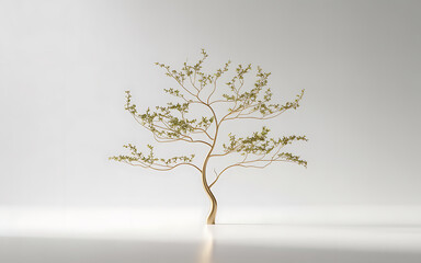 Obraz premium Golden Tree with Small Green Leaves on White Background