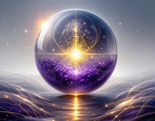 Orb over water; stars, light, and purple cosmic haze inside