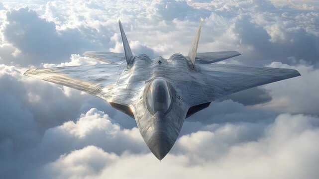 A modern stealth fighter flies in the clouds
