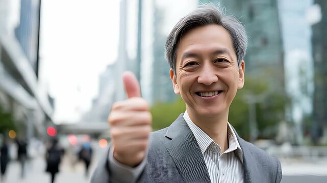 ビジネスマン 笑顔 親指 グッドサイン 自信 成功 屋外 スーツ