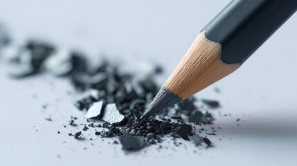 Close-up of sharpened graphite pencil tip with scattered pencil shavings and graphite dust on white surface