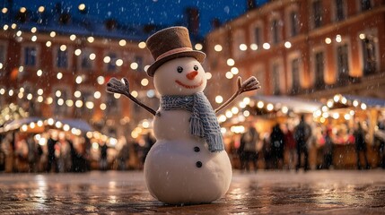 Snowman stands in festive square during winter market with lights and snowfall at night in December