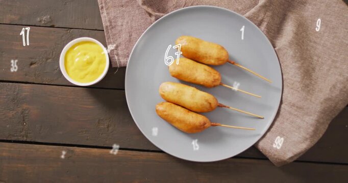 Animation starting, gray plate with four corn dogs, digits floating, growing, fading to show food