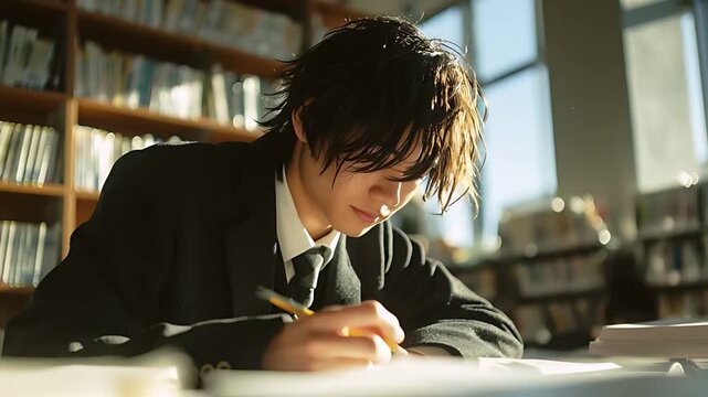 9 (46) 男子高生 勉強 図書館 本棚 ノート 書く 真剣 制服