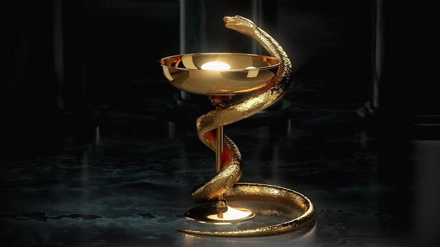 Golden Cup Wrapped by a Snake on a Dark Marble Background - Ancient Luxury Symbol