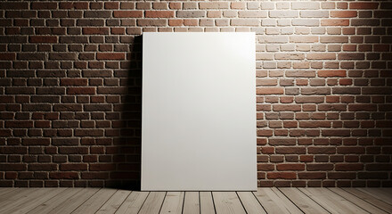 Empty white picture frame on brick wall with warm spotlight in minimalist room