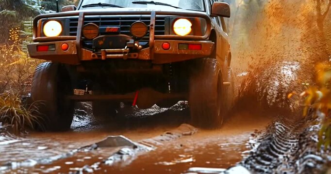 Offroad adventure in autumn forest with SUV driving through muddy trail 4k video
