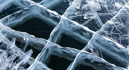Intricate patterns of fractured blue ice reveal the delicate yet powerful artistry of nature's winter embrace, an abstract frozen landscape texture