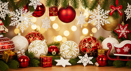 Red White Gold Christmas Balls Border on Bokeh Background