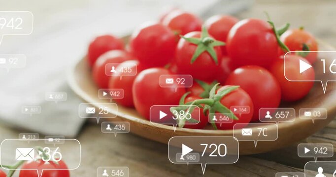 Notification bubbles appearing from bottom-left and flooding plate of tomatoes, showing engagement