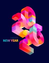 Happy New Year 2026. Isometric colorful numbering design. Bright color numbers on dark background.